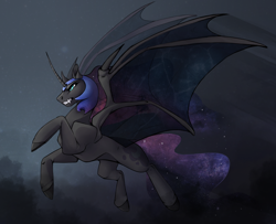 Size: 1280x1038 | Tagged: safe, artist:casynuf, character:nightmare moon, character:princess luna, species:alicorn, species:pony, bat wings, clothing, cloud, curved horn, ethereal mane, fangs, female, flying, galaxy mane, gritted teeth, mare, see-through, sky, solo, spread wings, wing claws, wings
