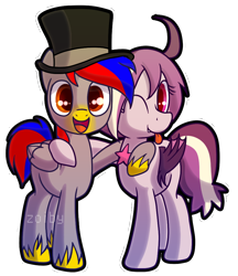 Size: 864x1000 | Tagged: safe, artist:zoiby, oc, oc only, oc:bit drizzle, oc:retro pixel, species:bat pony, species:pegasus, species:pony, bat pony oc, clothing, female, hat, male, open mouth, side hug, simple background, tongue out, top hat, transparent background, unshorn fetlocks, watermark