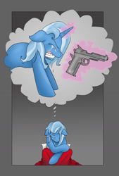 Size: 944x1393 | Tagged: safe, artist:susiebeeca, character:trixie, species:pony, species:unicorn, crying, female, gun, mare, pistol, sad, solo, thought bubble