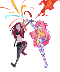Size: 1024x1220 | Tagged: safe, artist:congee-painting, character:pinkamena diane pie, character:pinkie pie, species:anthro, ambiguous facial structure, armpits, belly button, breasts, clothing, duality, evening gloves, female, firebending, fireworks, gloves, latex, pixiv, simple background, socks, solo, striped socks, transparent background, underboob