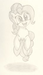Size: 1200x2050 | Tagged: safe, artist:ramott, character:pinkie pie, species:earth pony, species:pony, bouncing, female, jumping, looking at you, open mouth, smiling, solo, traditional art