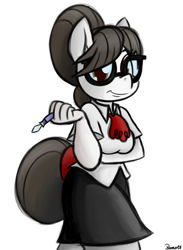Size: 1100x1500 | Tagged: safe, artist:ramott, character:raven inkwell, species:anthro, businessmare, clothing, glasses, secretary, simple background, skirt, solo, tube skirt, white background