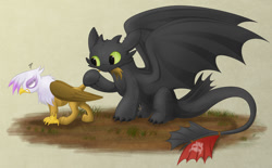 Size: 1200x743 | Tagged: safe, artist:littlehybridshila, character:gilda, species:dragon, species:griffon, angry, duo, female, gilda is not amused, how to train your dragon, male, night fury, nom, simple background, toothless the dragon