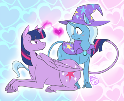 Size: 1024x836 | Tagged: safe, artist:collaredginger, character:trixie, character:twilight sparkle, character:twilight sparkle (alicorn), species:alicorn, species:classical unicorn, species:pony, ship:twixie, female, leonine tail, lesbian, mare, shipping