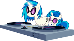 Size: 5703x3149 | Tagged: safe, artist:uxyd, character:dj pon-3, character:sweetie belle, character:vinyl scratch, species:pony, species:unicorn, cutie mark, female, filly, foal, glowing horn, horn, magic, mare, mixing console, simple background, smiling, sunglasses, teeth, telekinesis, transparent background, turntable, vector