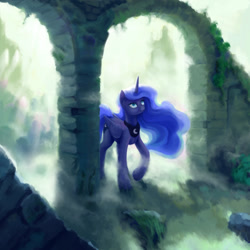 Size: 1664x1664 | Tagged: safe, artist:dahtamnay, character:princess luna, species:alicorn, species:pony, blurry, ethereal mane, female, folded wings, horn, light, looking up, mist, rock, ruins, solo, walking, wings