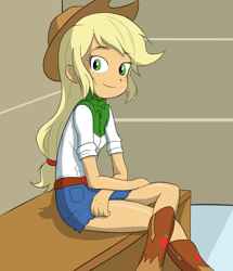 Size: 1030x1200 | Tagged: source needed, safe, artist:baekgup edits, artist:varemia, edit, character:applejack, my little pony:equestria girls, boots, clothing, colored, cowboy boots, denim skirt, female, hat, sitting, skirt, solo