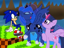 Size: 1024x768 | Tagged: safe, artist:biosonic100, character:princess luna, character:sonic the hedgehog, character:twilight sparkle, character:twilight sparkle (alicorn), species:alicorn, species:pony, chaos in equestria, crossover, fanfic, fanfic art, female, green hill zone, mare, recreation, sonic the hedgehog (series)