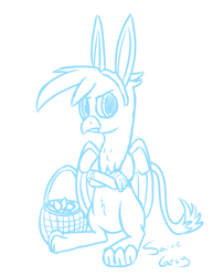 Size: 927x1200 | Tagged: safe, artist:saine grey, character:gilda, species:griffon, bunny ears, crossed arms, easter, easter egg, female, monochrome, sketch, solo
