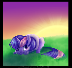 Size: 1040x988 | Tagged: dead source, safe, artist:conphettey, character:twilight sparkle, species:pony, species:unicorn, backlighting, female, grass, looking sideways, mare, prone, solo, sun