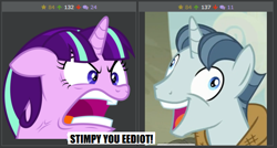 Size: 518x277 | Tagged: safe, artist:dasprid, character:party favor, character:starlight glimmer, derpibooru, episode:the cutie map, g4, my little pony: friendship is magic, angry, bust, cross-popping veins, derp, exploitable meme, faec, i didn't listen, juxtaposition, juxtaposition win, meme, meta, ms paint, ragelight glimmer, ren and stimpy, vein, vein bulge