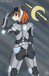 Size: 659x1024 | Tagged: safe, artist:tlatophat, oc, oc only, oc:thicket, species:anthro, anthro oc, armor, powered exoskeleton, solo