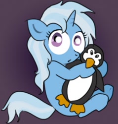Size: 250x262 | Tagged: safe, artist:susiebeeca, character:trixie, species:penguin, species:pony, species:unicorn, fanfic art, female, mare, plushie, solo, younger