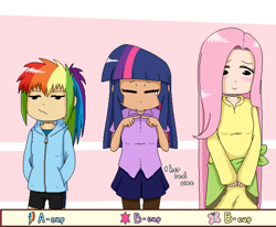 Size: 659x543 | Tagged: safe, artist:redhotkick, character:fluttershy, character:rainbow dash, character:twilight sparkle, species:human, breasts, comparison chart, delicious flat chest, female, flatlight sparkle, flattershy, humanized, moderate dark skin, rainbow flat