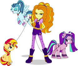 Size: 5848x4973 | Tagged: safe, artist:mit-boy, character:adagio dazzle, character:aria blaze, character:sonata dusk, character:sunset shimmer, species:pony, species:unicorn, ship:sonagio, ship:sunsagio, my little pony:equestria girls, a-domme-gio, absurd resolution, adaria, ariasub, collar, equestria girls ponified, female, femsub, leash, lesbian, pet, ponified, shipping, sonatasub, submissive, subset