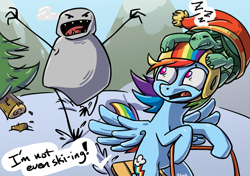 Size: 1254x885 | Tagged: safe, artist:rawrienstein, character:rainbow dash, character:tank, episode:tanks for the memories, g4, my little pony: friendship is magic, crossover, dialogue, skifree, sledding, sleeping, snow, yeti