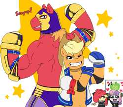 Size: 623x543 | Tagged: safe, artist:redhotkick, character:apple bloom, character:applejack, character:big mcintosh, character:sweetie belle, species:earth pony, species:pony, meanie belle, applegloom, great macintosh, lucha libre, luchador, luchador mask, male, muscles, pose, semi-anthro, shipping, stallion, straight, sweetiemac, wrestling