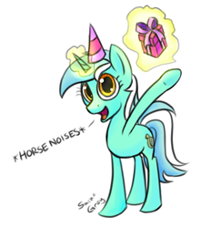 Size: 1059x1200 | Tagged: safe, artist:saine grey, character:lyra heartstrings, species:pony, species:unicorn, birthday, birthday gift, clothing, colored sketch, descriptive noise, happy, hat, horse noises, levitation, magic, meme, party hat, present