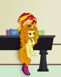 Size: 4589x5853 | Tagged: safe, artist:mit-boy, character:adagio dazzle, character:sunset shimmer, species:pony, species:unicorn, my little pony:equestria girls, absurd resolution, adagio is not amused, boots, cute, equestria girls ponified, eyes closed, happy, holding a pony, ponified, scrunchy face, shimmerbetes, shoes, unamused, vector