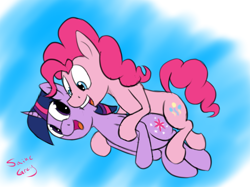 Size: 800x597 | Tagged: safe, artist:saine grey, character:pinkie pie, character:twilight sparkle, ship:twinkie, biting, cuddling, female, lesbian, neck biting, shipping, snuggling