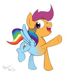 Size: 1191x1200 | Tagged: safe, artist:saine grey, character:rainbow dash, character:scootaloo, species:pegasus, species:pony, age progression, character to character, colored, pony to pony, simple background, solo, transformation, transparent background