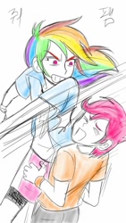 Size: 720x1280 | Tagged: safe, artist:asdf314159265, character:rainbow dash, character:scootaloo, species:pegasus, species:pony, my little pony:equestria girls, female, hitting, humanized, punch, punishment