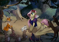 Size: 1280x905 | Tagged: safe, artist:casynuf, character:angel bunny, character:fluttershy, species:bird, species:deer, species:fox, species:rabbit, animal, crossover, disney, disney style, snow white, style emulation