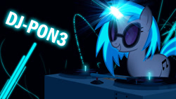 Size: 1920x1080 | Tagged: safe, artist:templarhappy, artist:uxyd, character:dj pon-3, character:vinyl scratch, species:pony, species:unicorn, female, glow, horn, lens flare, magic, mare, smiling, solo, sunglasses, teeth, text, turntable, vector, wallpaper
