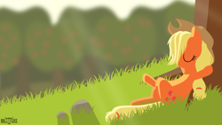Size: 1920x1080 | Tagged: safe, artist:rangelost, character:applejack, species:earth pony, species:pony, clothing, cowboy hat, female, grass, hat, lineless, mare, resting, solo, tree, wallpaper