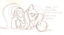 Size: 1589x876 | Tagged: safe, artist:giantmosquito, character:fluttershy, bowling ball, cute, dawwww, monochrome, sketch, traditional art