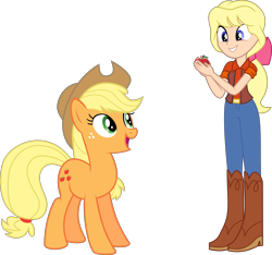 Size: 4499x4213 | Tagged: safe, artist:fureox, artist:mit-boy, character:applejack, character:megan williams, g1, my little pony:equestria girls, absurd resolution, apple, cute, equestria girls-ified, g1 to g4, generation leap, jackabetes, megandorable, simple background, transparent background, vector