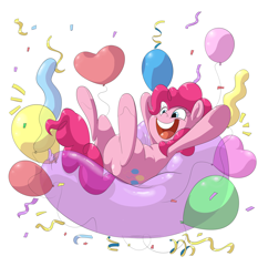 Size: 2800x3000 | Tagged: safe, artist:anonopony, character:pinkie pie, species:earth pony, species:pony, balloon, balloon sitting, confetti, cute, diapinkes, female, happy, heart balloon, mare, on back, smiling, solo, streamers, underhoof