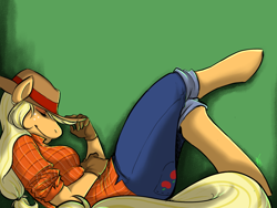 Size: 1280x960 | Tagged: safe, artist:collaredginger, character:applejack, species:anthro, species:unguligrade anthro, clothing, female, jeans, reclining, sleeping, solo