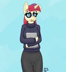 Size: 1599x1737 | Tagged: safe, artist:short circuit, character:moondancer, species:anthro, species:pony, species:unicorn, episode:amending fences, g4, my little pony: friendship is magic, book, clothing, sweater, twibrow