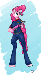 Size: 1543x2820 | Tagged: safe, artist:short circuit, character:pinkie pie, species:anthro, species:unguligrade anthro, clothing, female, gun, party cannon, shotgun, solo, uniform, weapon