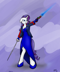 Size: 1549x1873 | Tagged: safe, artist:short circuit, character:rarity, species:anthro, species:unguligrade anthro, clothing, dress, female, gun, laser pistol, pistol, shoes, solo, uniform, weapon