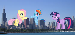 Size: 1750x810 | Tagged: safe, artist:sapphire-beauty0, artist:theotterpony, artist:thorinair, artist:xpesifeindx, character:fluttershy, character:rainbow dash, character:twilight sparkle, species:pony, building, chicago, giant pony, giant rainbow dash, macro, mega twilight sparkle, mega/giant rainbow dash, story included