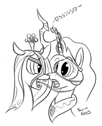 Size: 809x1001 | Tagged: safe, artist:saine grey, character:princess celestia, character:queen chrysalis, ship:chryslestia, bedroom eyes, boop, eye contact, female, heart, hissing, impossibly long tongue, lesbian, long tongue, monochrome, noseboop, open mouth, shipping, smiling, tongue out