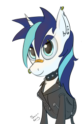 Size: 803x1200 | Tagged: safe, artist:saine grey, character:shining armor, species:pony, species:unicorn, bandaid, choker, clothing, earring, eye ring, female, gleaming shield, leather, leather jacket, nose ring, piercing, punk, rule 63, solo, spiked choker, studs