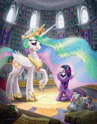 Size: 640x817 | Tagged: source needed, safe, artist:giantmosquito, edit, character:princess celestia, character:twilight sparkle, :o, book, cute, deepdream, dream, eye contact, filly, interior, library, looking up, open mouth, raised hoof, saddle bag, scroll, sitting, smiling, surreal, twiabetes, younger