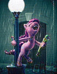 Size: 640x822 | Tagged: source needed, safe, artist:giantmosquito, character:pinkie pie, deepdream, female, lamppost, rain, singing in the rain, solo, surreal, umbrella, wat, wet mane