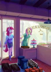 Size: 1280x1810 | Tagged: safe, artist:dahtamnay, character:fluttershy, character:pinkie pie, species:anthro, cake, clothing, dress, skirt