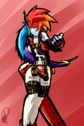 Size: 1024x1530 | Tagged: safe, artist:manic-the-lad, character:rainbow dash, my little pony:equestria girls, 20% cooler, belts, crossover, female, guilty gear, headband, smiling, sol badguy, solo