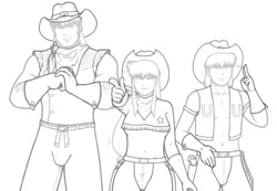 Size: 1043x723 | Tagged: safe, artist:redhotkick, character:applejack, character:big mcintosh, character:braeburn, species:human, belly button, humanized, midriff, monochrome, wild west c.o.w.-boys of moo mesa