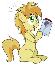 Size: 387x455 | Tagged: safe, artist:susiebeeca, character:braeburn, species:earth pony, species:pony, bandaid, colt, foal, gap teeth, male, simple background, sitting, smiling, snail, solo, white background, younger
