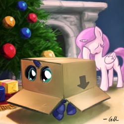 Size: 640x640 | Tagged: safe, artist:giantmosquito, character:princess celestia, character:princess luna, species:alicorn, species:pony, g4, box, cardboard box, caught, cewestia, christmas, christmas tree, cute, duo, eye, eyes, eyes closed, facehoof, female, filly, fireplace, foal, konami, lunabetes, metal gear, open mouth, pink-mane celestia, pony in a box, present, royal sisters, sisters, sneaking, tree, woona, younger