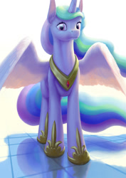 Size: 1400x1980 | Tagged: safe, artist:dahtamnay, character:princess celestia, female, looking at you, reflection, solo, spread wings, wings