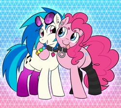 Size: 1280x1148 | Tagged: safe, artist:collaredginger, character:dj pon-3, character:pinkie pie, character:vinyl scratch, bracelet, clothing, collar, female, lesbian, piercing, shipping, socks, vinylpie