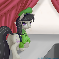 Size: 2500x2500 | Tagged: safe, artist:crombiettw, character:octavia melody, species:earth pony, species:pony, bedroom eyes, butt, clothing, curtain, dock, female, hat, looking at you, looking back, mare, plot, raised tail, solo, underhoof