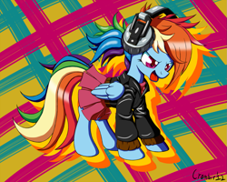 Size: 1279x1023 | Tagged: safe, artist:crombiettw, character:rainbow dash, clothing, female, headphones, jacket, skirt, solo